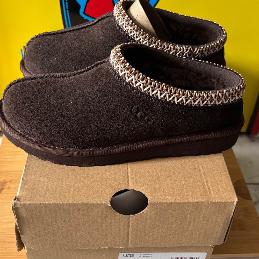 UGG Chocolate Suede Slip-Ons with Patterned Trim